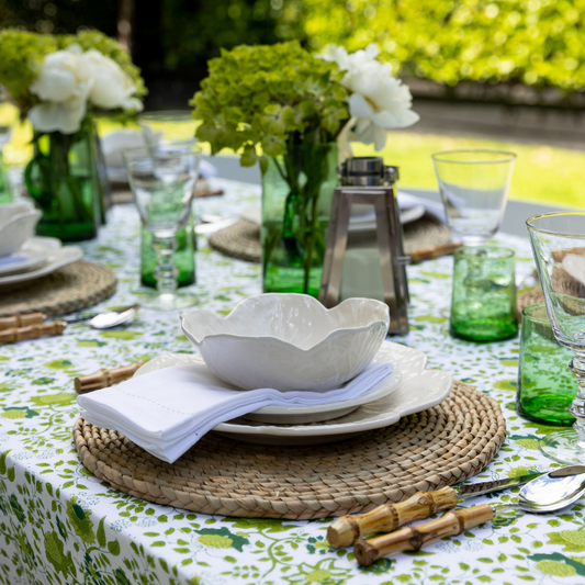 Green and White Hand Blocked Tablecloth (Rental)