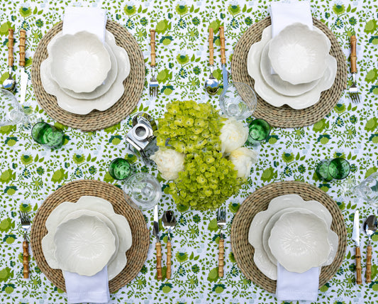 Birds Eye View Photo of the Green Garden Party Tablescape Setting With White and Green Tablecloth