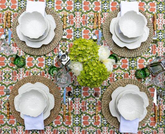 Birds Eye View Photo of the Green Garden Party Tablescape Setting With Pink and Green Tablecloth