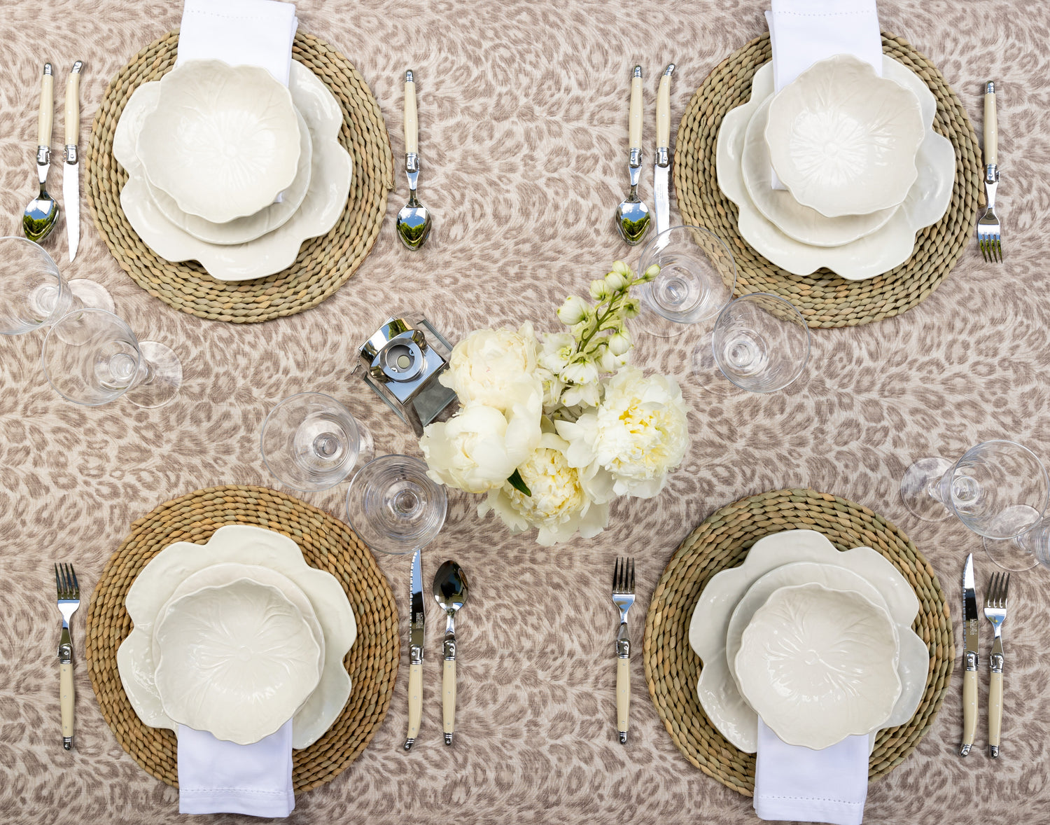 Birds Eye View Photo of the White Dulce Tablescape Setting With Leopard Print Tablecloth