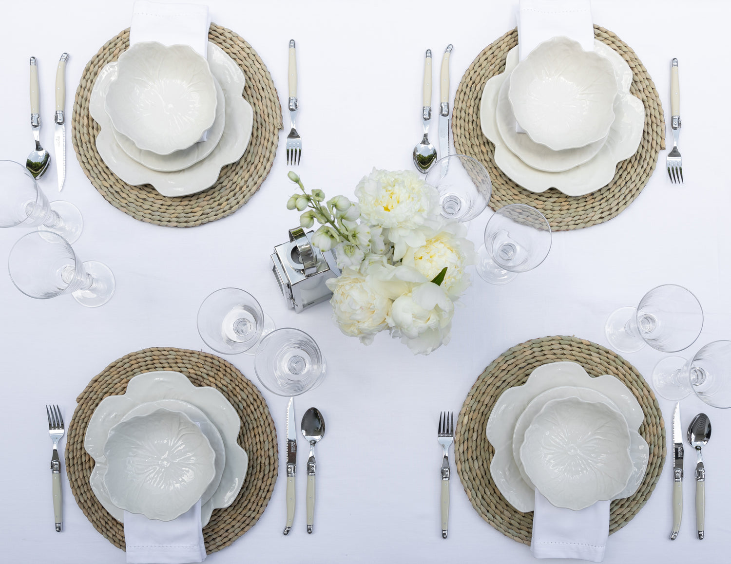 Birds Eye View Photo of the White Dulce Tablescape Setting With White Tablecloth